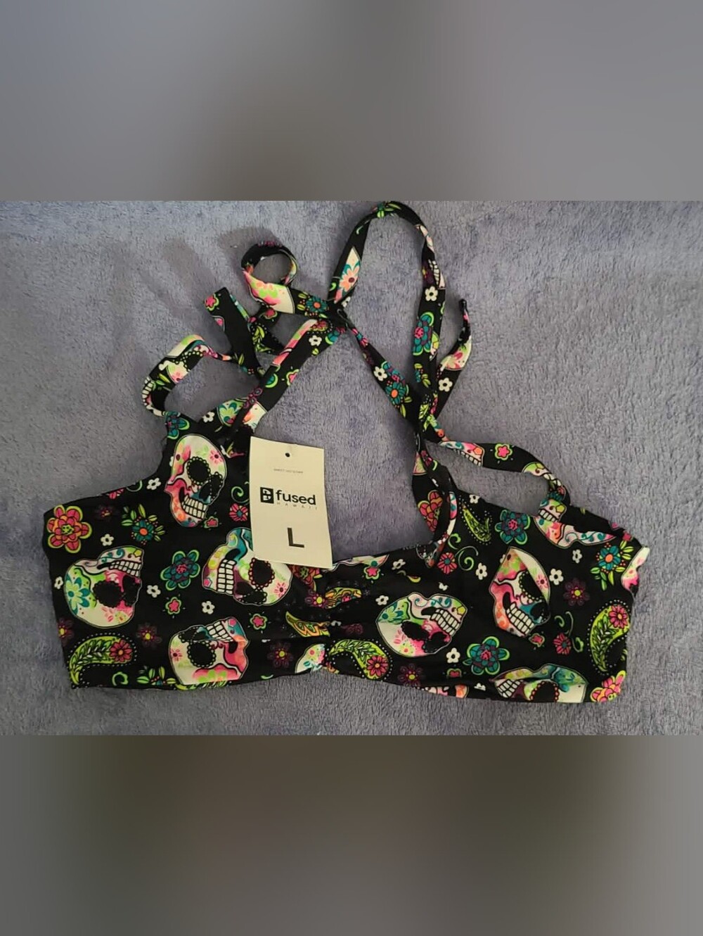 Fused Floral Sugar Skull Bikini Top - Black with Multicolor Print